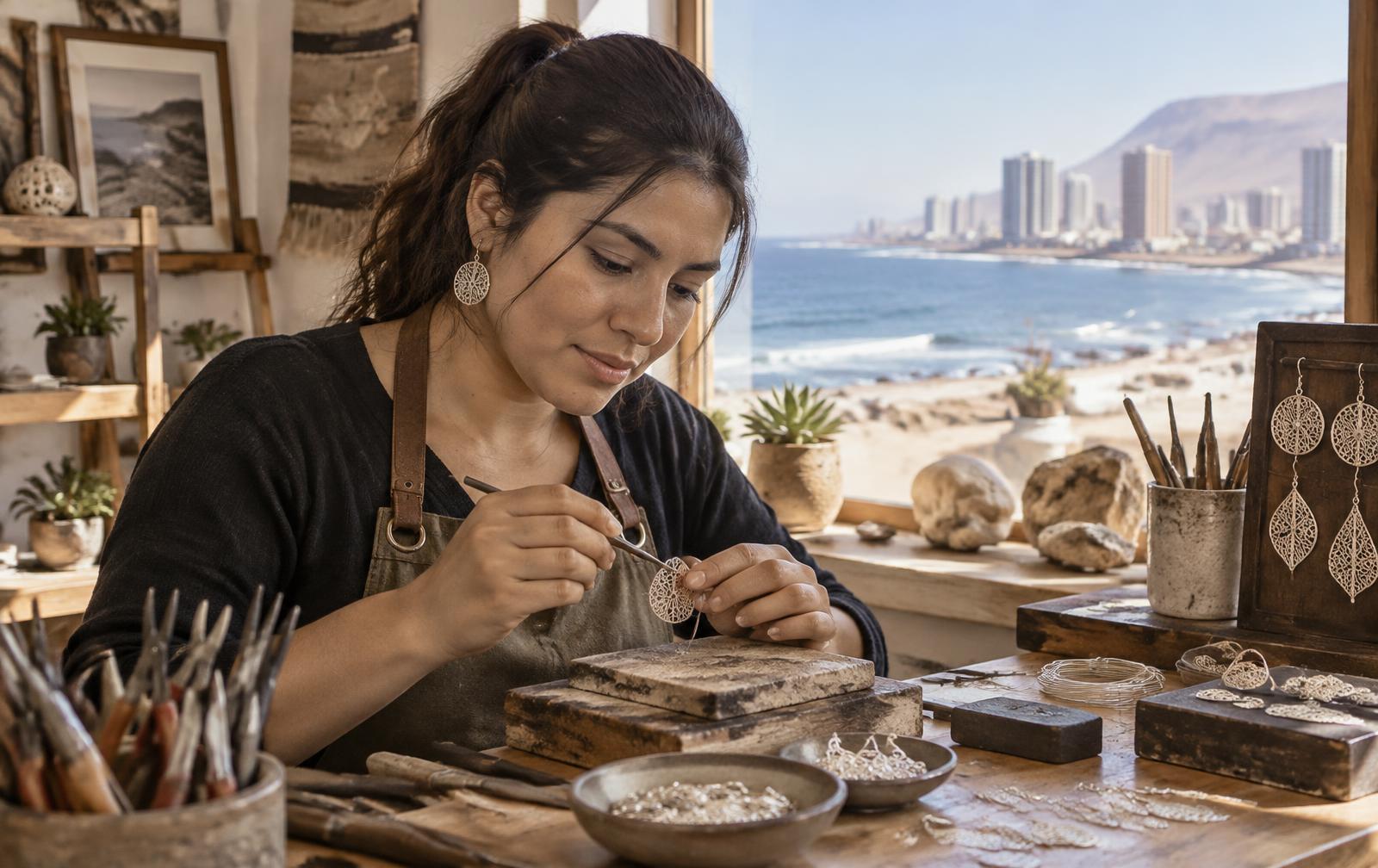 Joven joyera de Iquique trabaja una joya de plata en su taller frente al mar