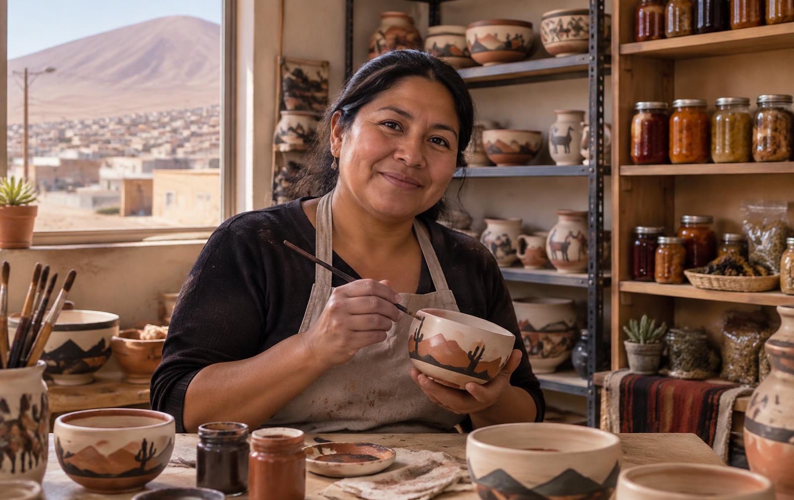 Emprendedora de Alto Hospicio pinta cerámica a mano en su taller, junto a sus productos
