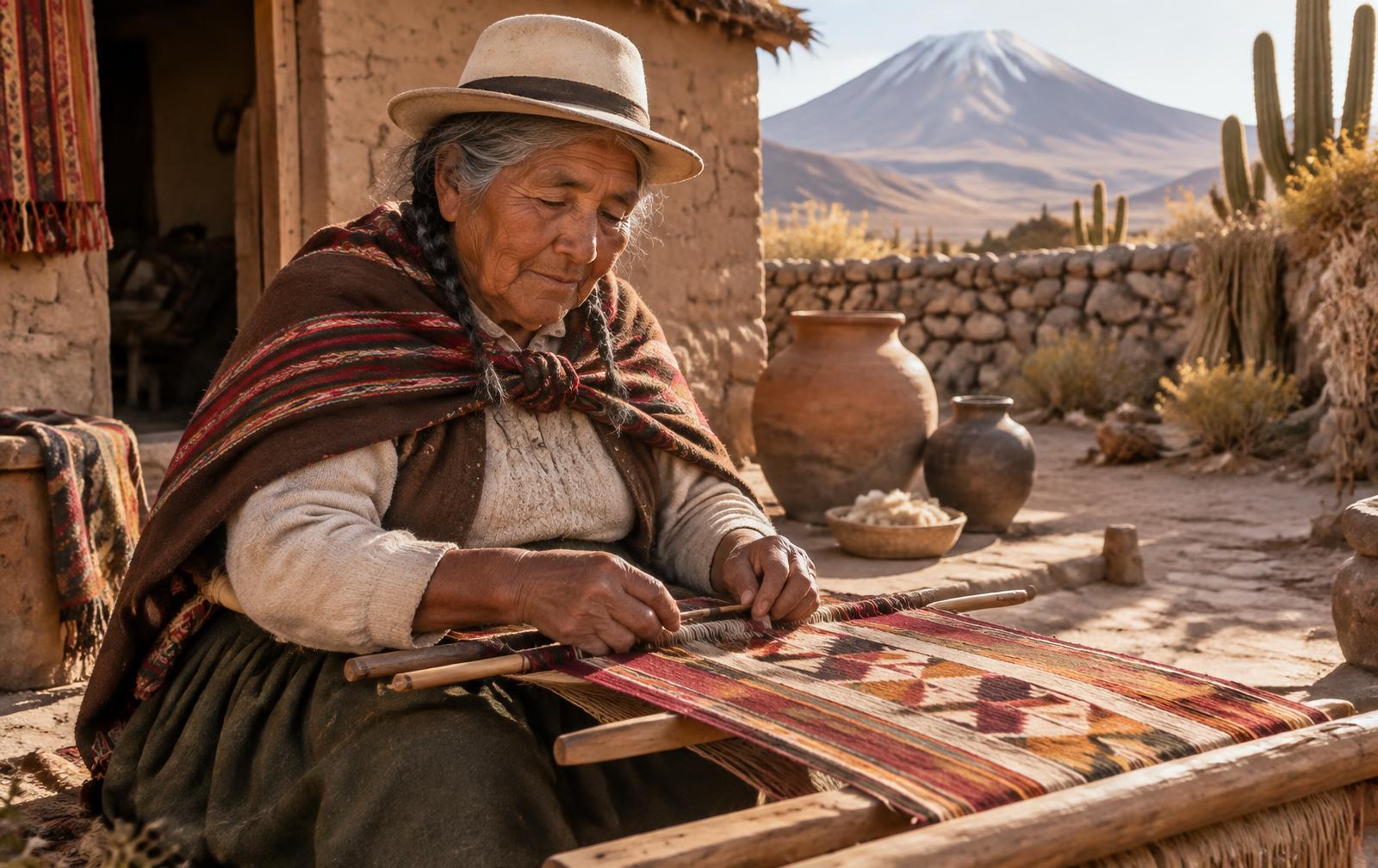 Artesana mayor del interior de Tarapacá teje un textil en su telar, frente al volcán